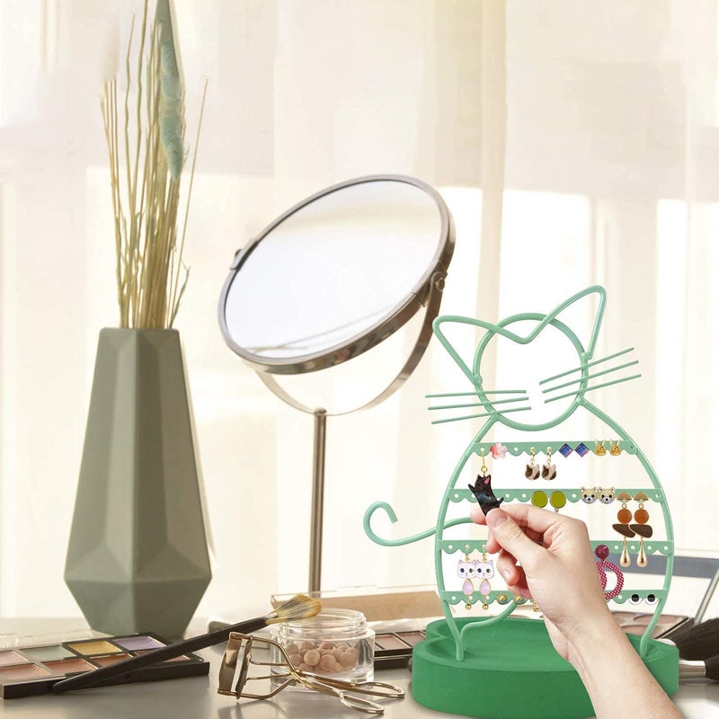ERYTLLY Earring Holder Organizer, Cat Shaped Earring Organizer Stand With Wood Base Necklace Organizer-47 Stud Earrings Holes Bracelet Holder (Mint Green) - Image 5